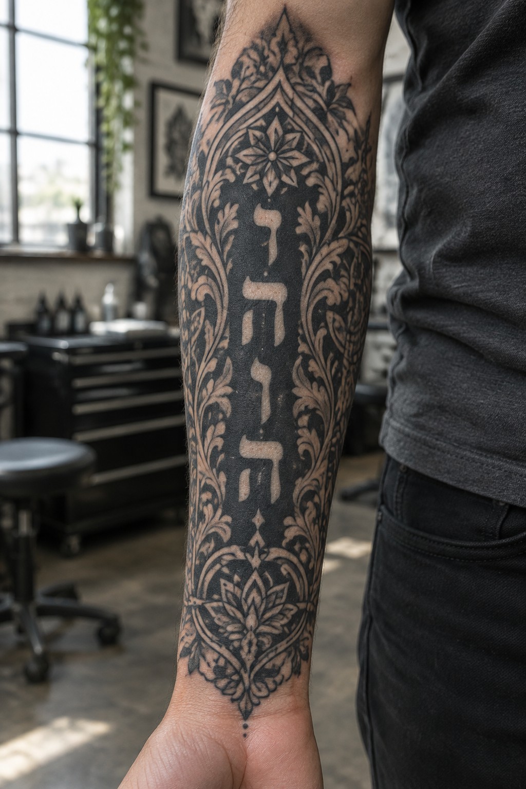 Forearm with ornate blackwork tattoo of Hebrew letters amid floral patterns