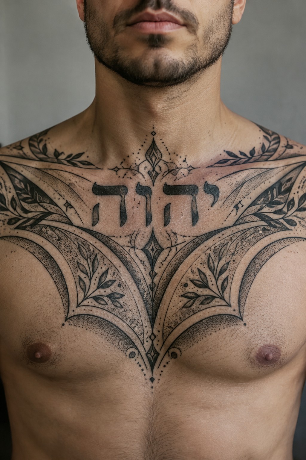 Shirtless man's chest with large black tattoo of Hebrew letters and ornate vines