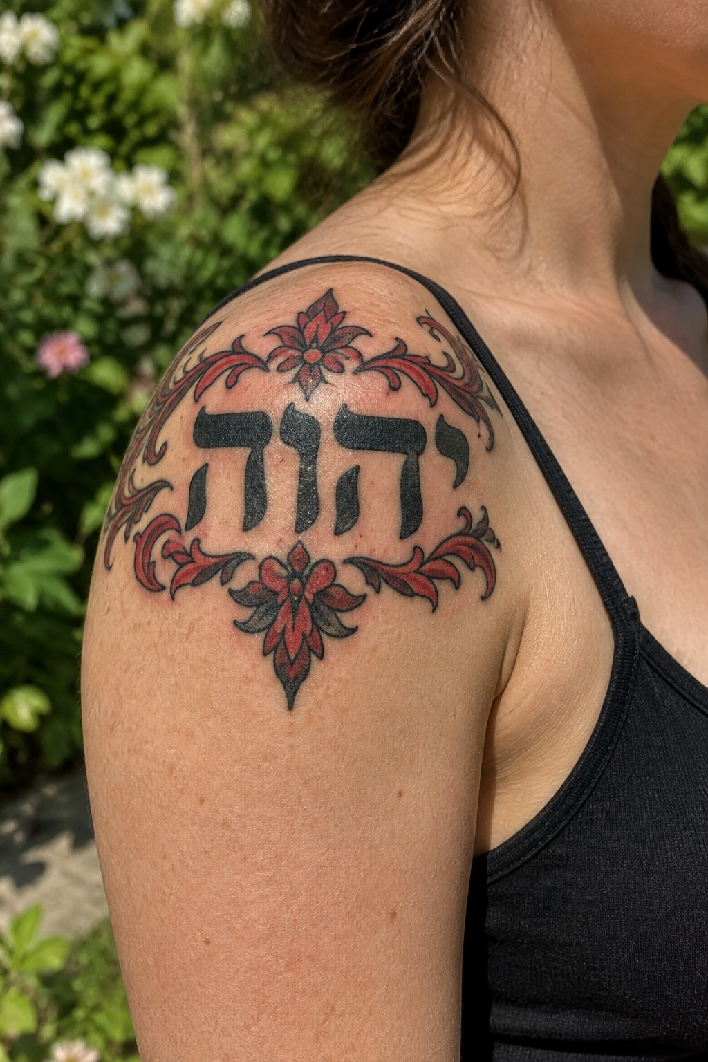 Black Hebrew tattoo with red floral scrollwork on shoulder above black tank top