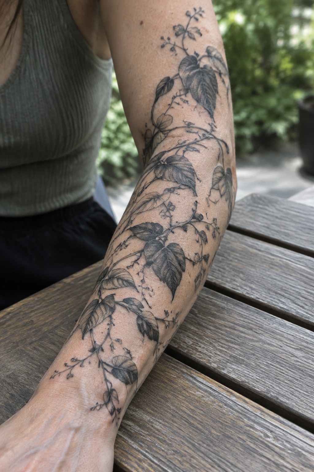 Black-and-gray botanical tattoo of winding stems and shaded leaves covering a person’s arm from the upper arm to the wrist.
