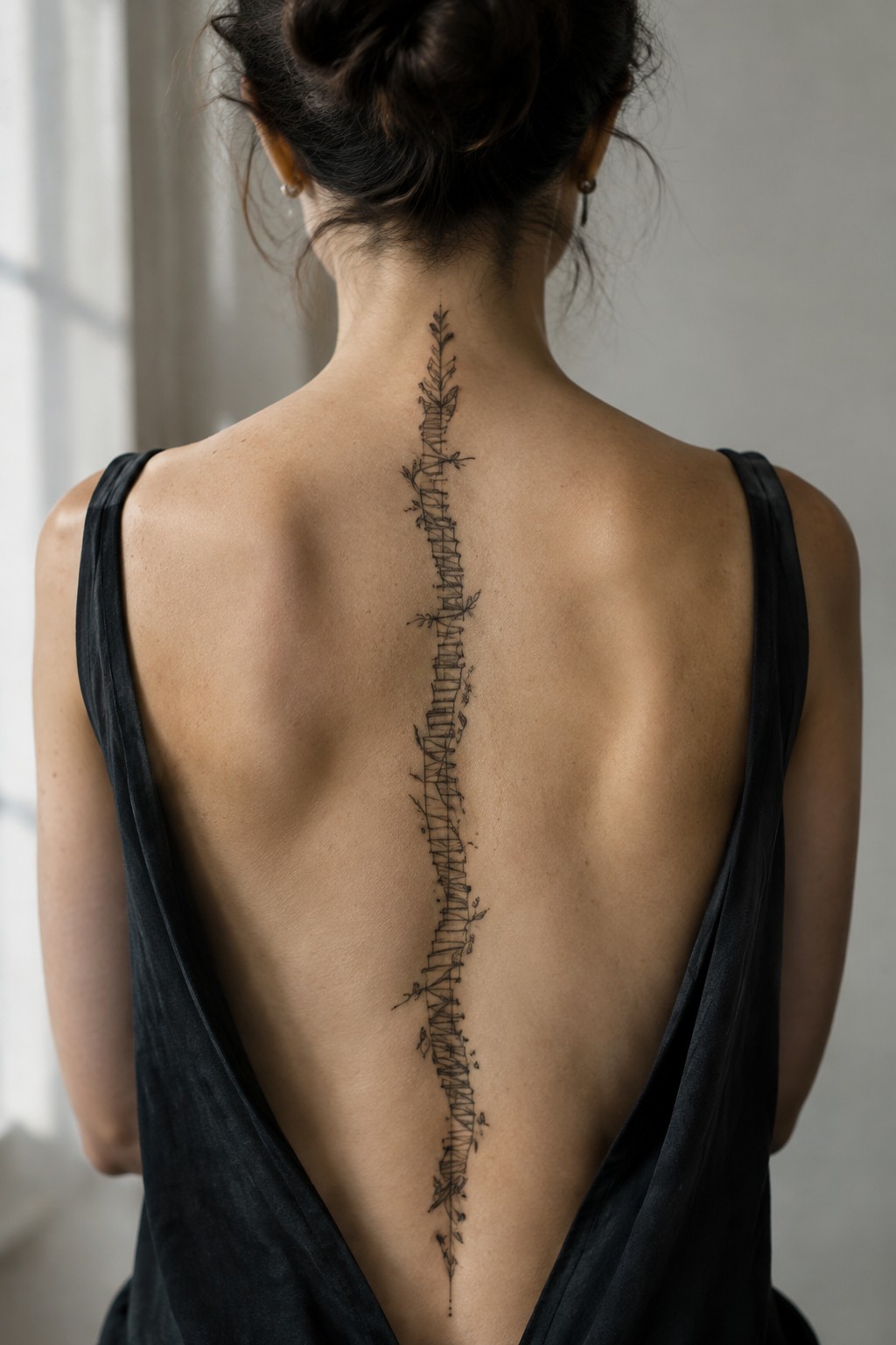 Woman with a fine-line botanical tattoo running down the center of her back from the nape to the lower back.