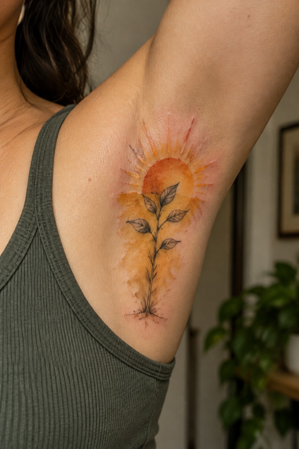 Botanical tattoo of a black fine-line plant growing beneath an orange sun on the inner upper arm.