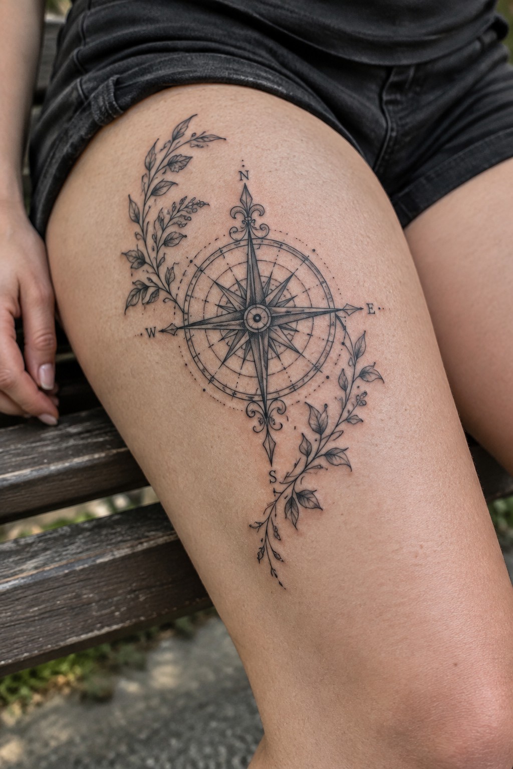 Black fine-line compass tattoo with botanical branches on the outer thigh.