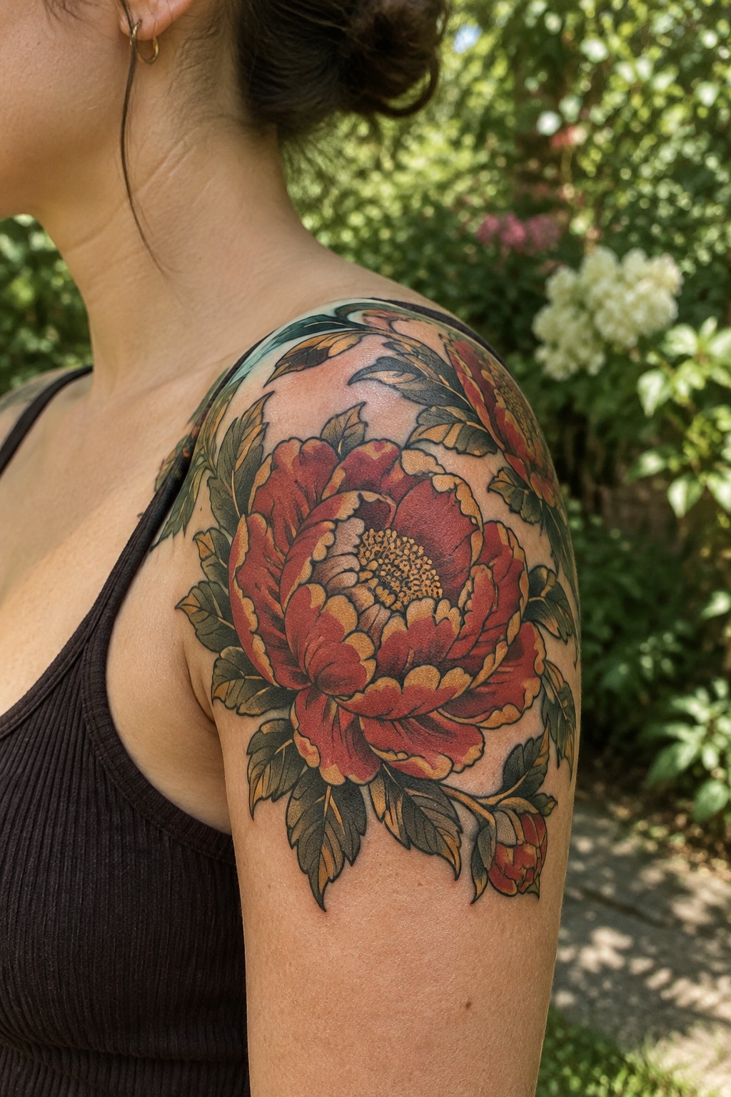 Large red and gold peony tattoo with dark outlines and green leaves covering a woman’s shoulder and upper arm.