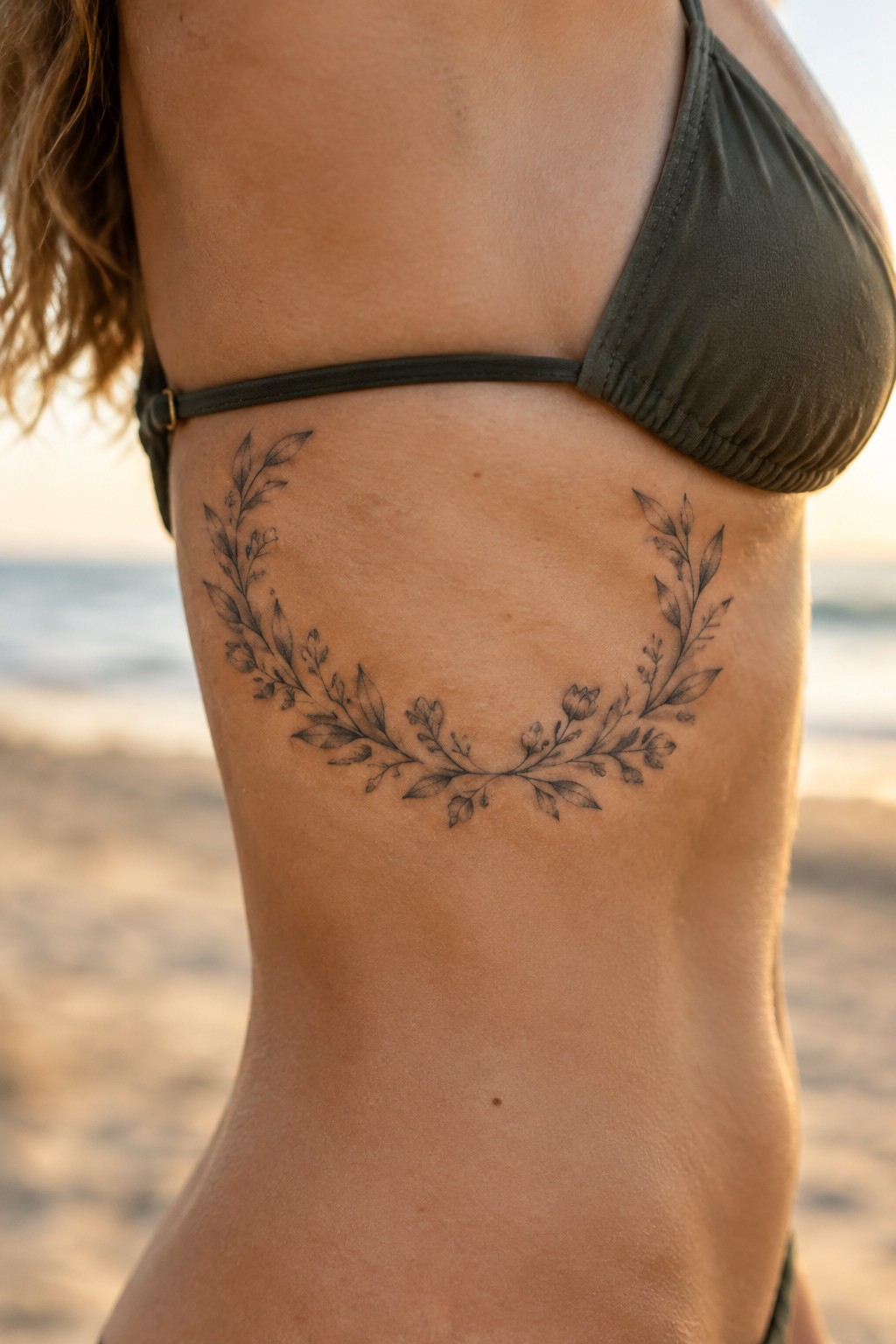 Fine-line floral wreath tattoo across a woman’s ribs beneath a dark bikini top.