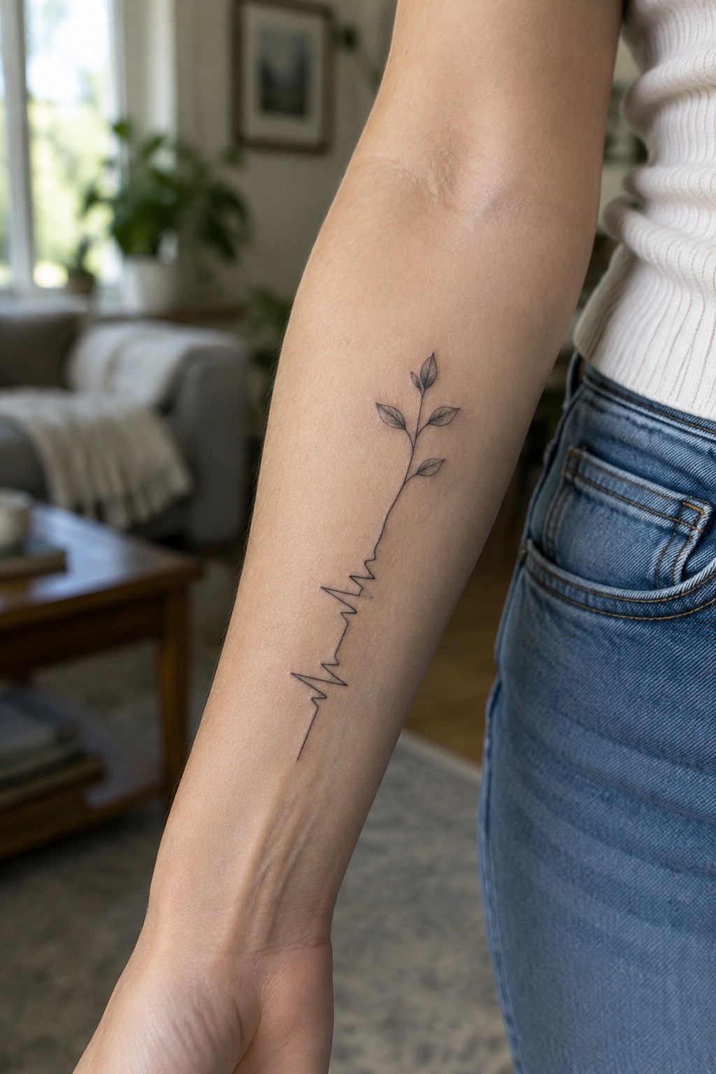 Fine-line tattoo of a leafy sprig growing from a heartbeat line on the inner forearm.