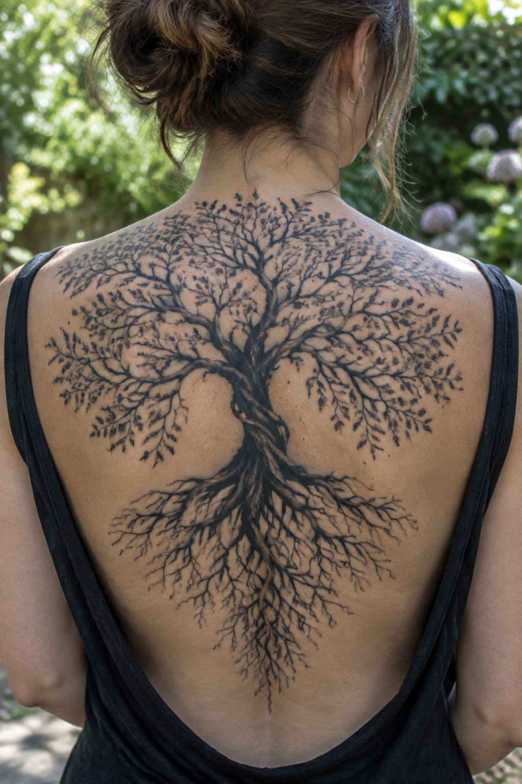 Large black tree tattoo with spreading branches across a woman’s back and roots extending down her spine.
