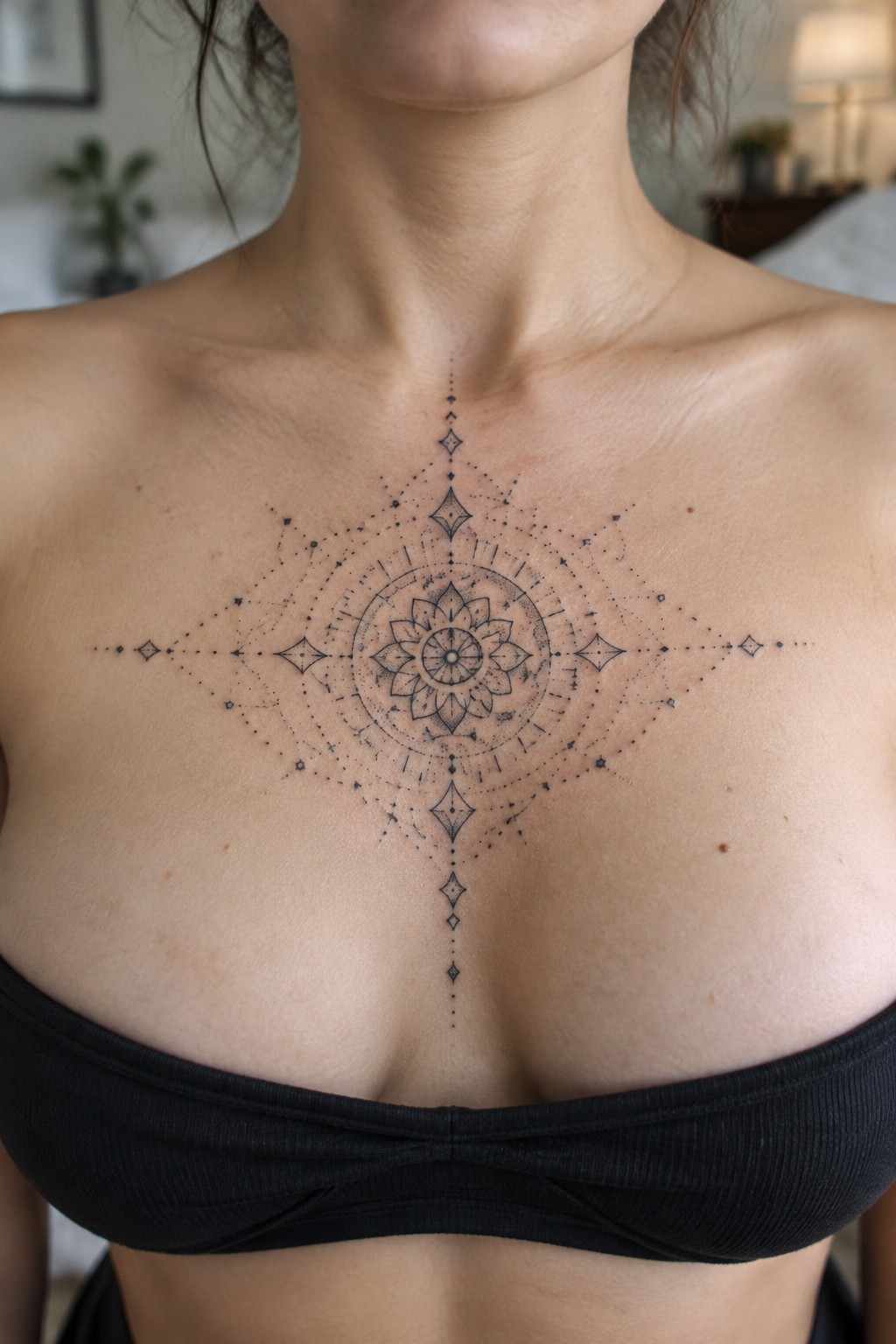 Fine-line geometric mandala tattoo with a floral center and dotted compass pattern centered on a woman’s upper chest.