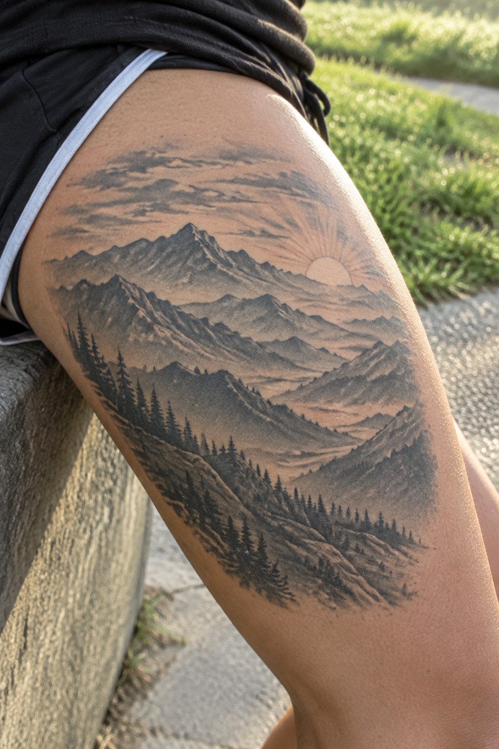 Black-and-gray mountain landscape tattoo with layered peaks, a rising sun, and pine trees on the outer thigh.