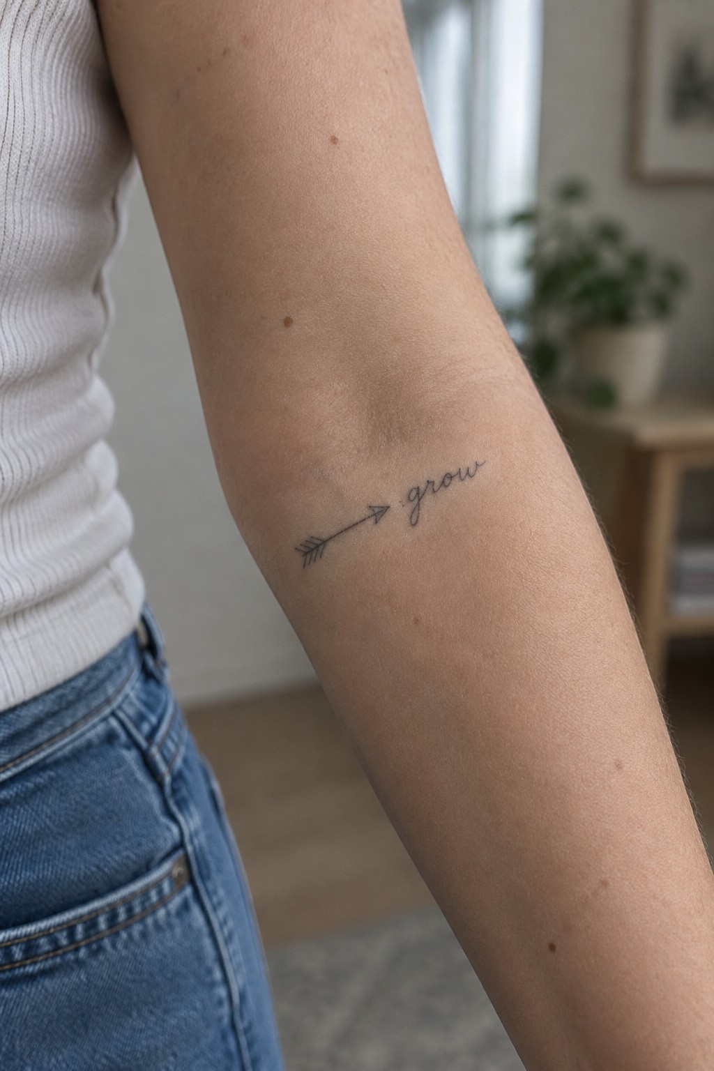 Small black arrow pointing toward the cursive word “grow” on the inner forearm.