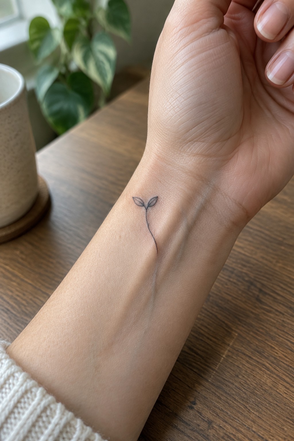 Small fine-line sprout tattoo with two leaves on the inner wrist.