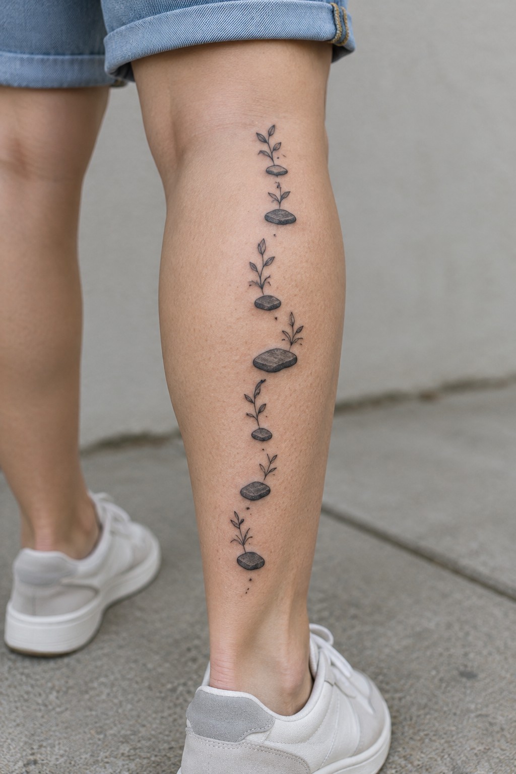 A fine-line tattoo of small stones and sprouting plants arranged in a vertical path down the back of a woman’s calf.