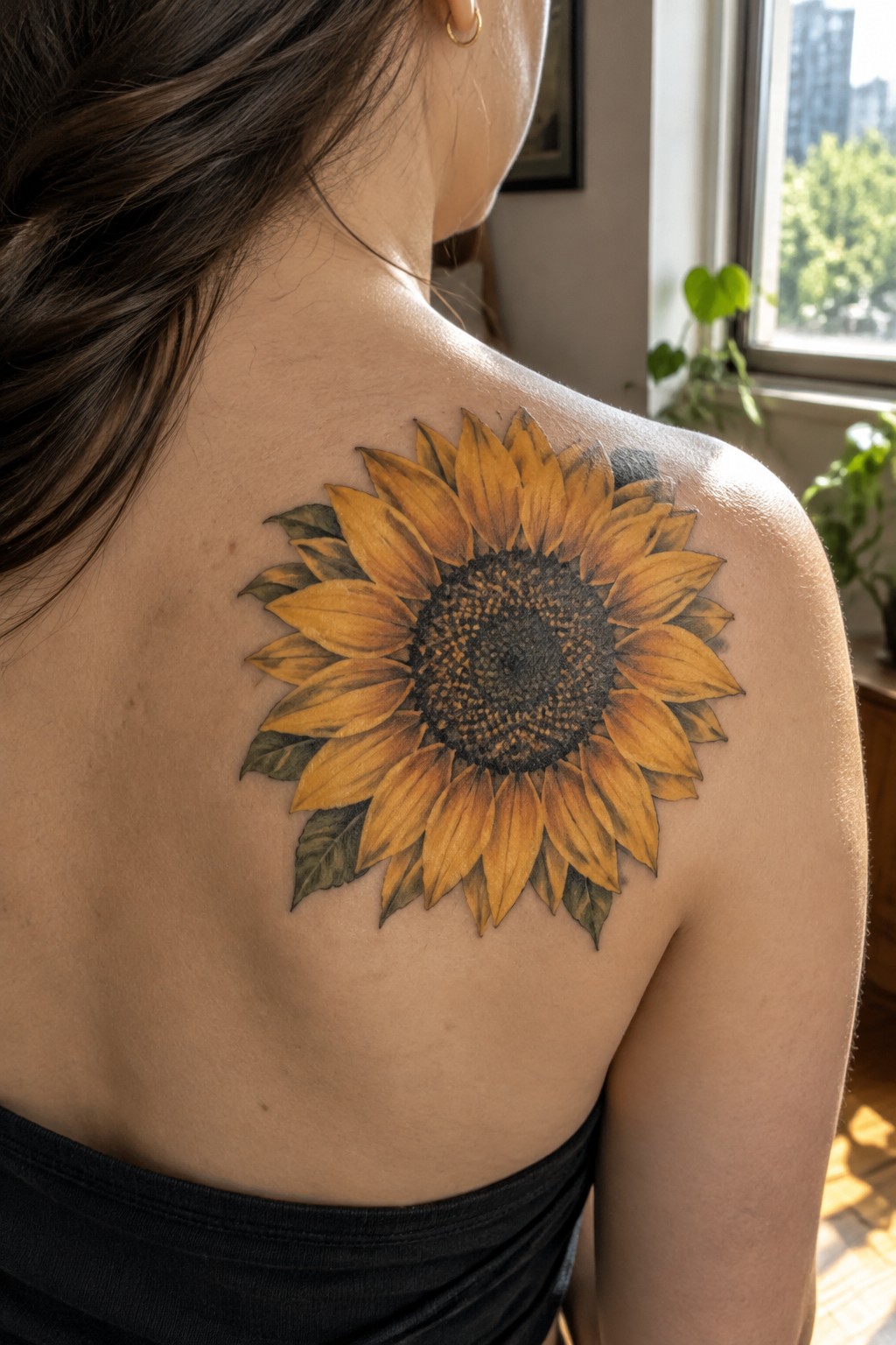 A woman with a medium-large yellow sunflower tattoo on her upper back and shoulder blade.