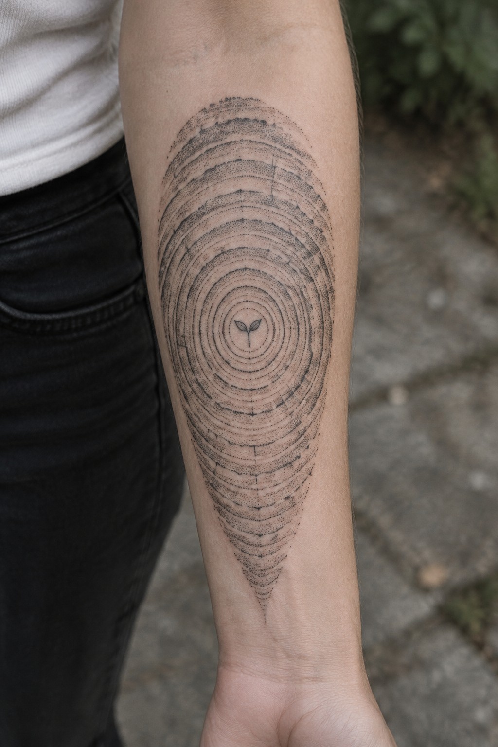 Fine-line tree-ring tattoo surrounding a small sprout on the inner forearm.