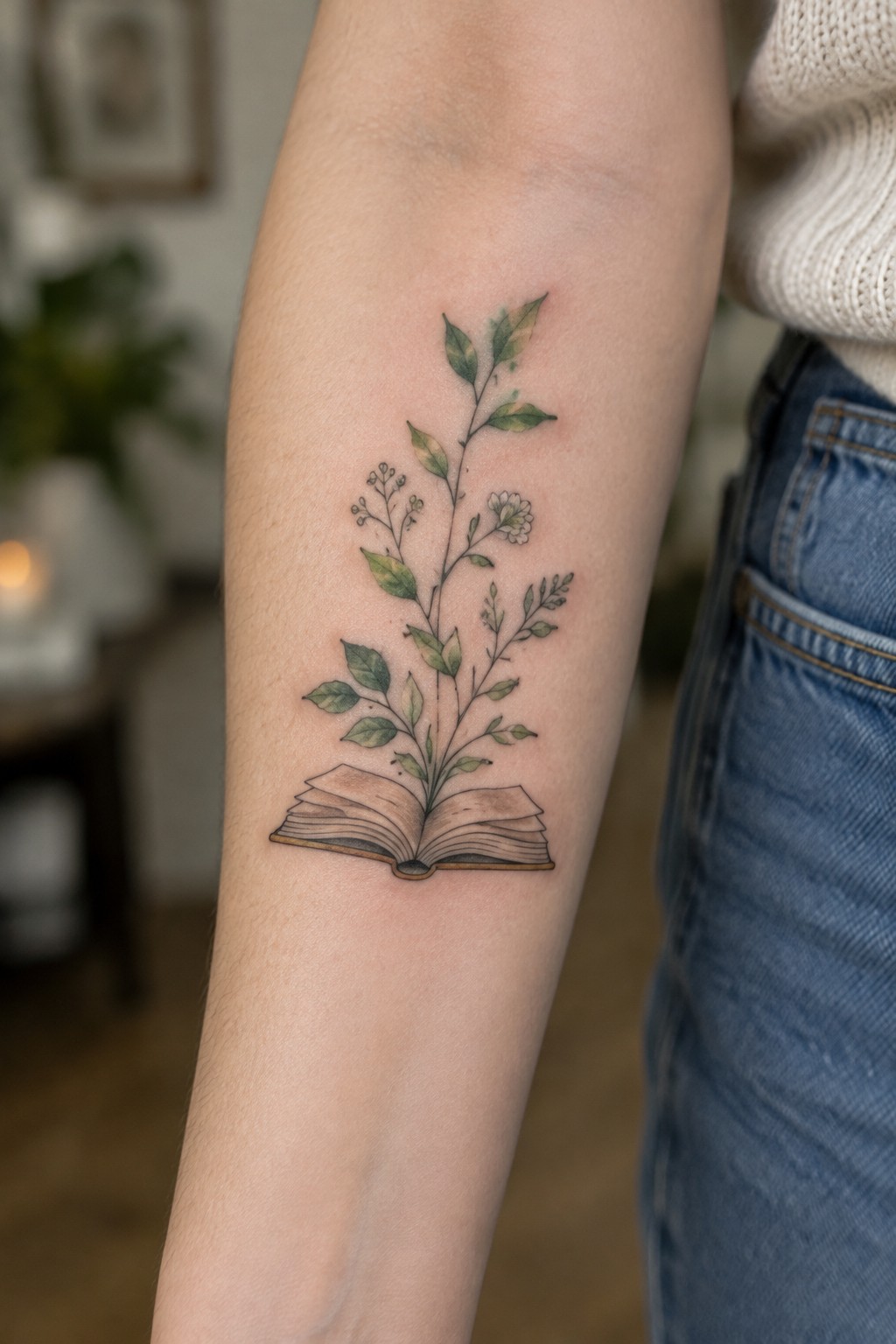 An open book tattoo on the forearm with delicate green stems, leaves, and small flowers growing from its pages.