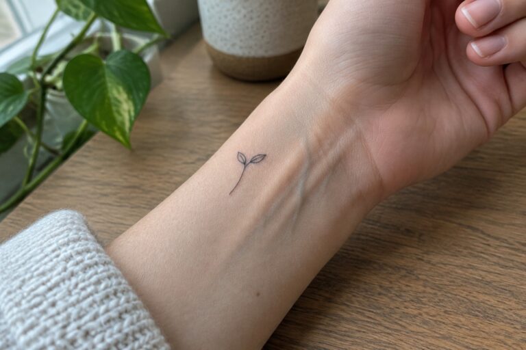 22 Inspiring Meaningful Tattoo Ideas for Women Built Around Personal Growth Small fine-line sprout tattoo with two leaves on the inner wrist.