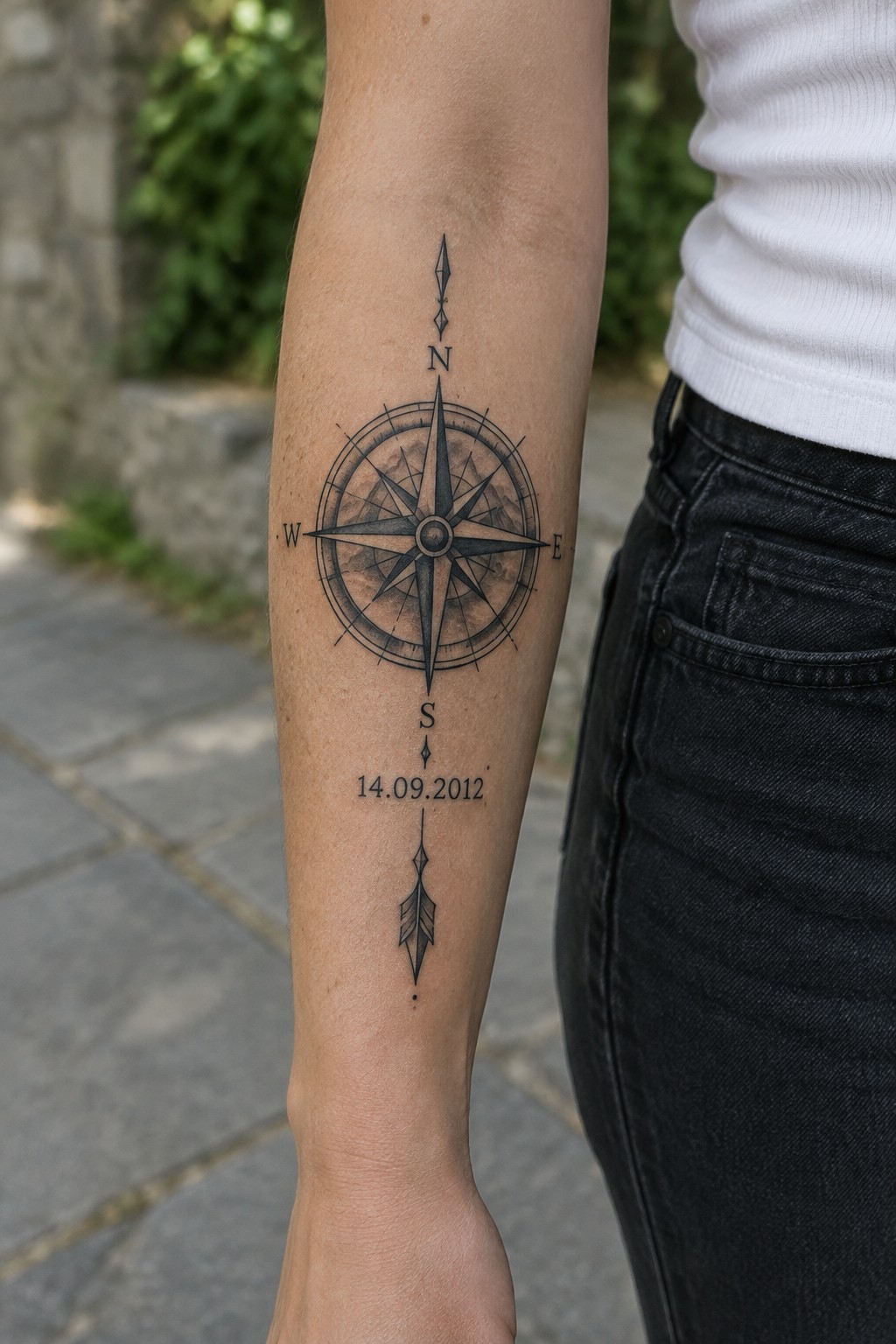 Fine-line compass tattoo with a date and arrow details running vertically along the forearm.