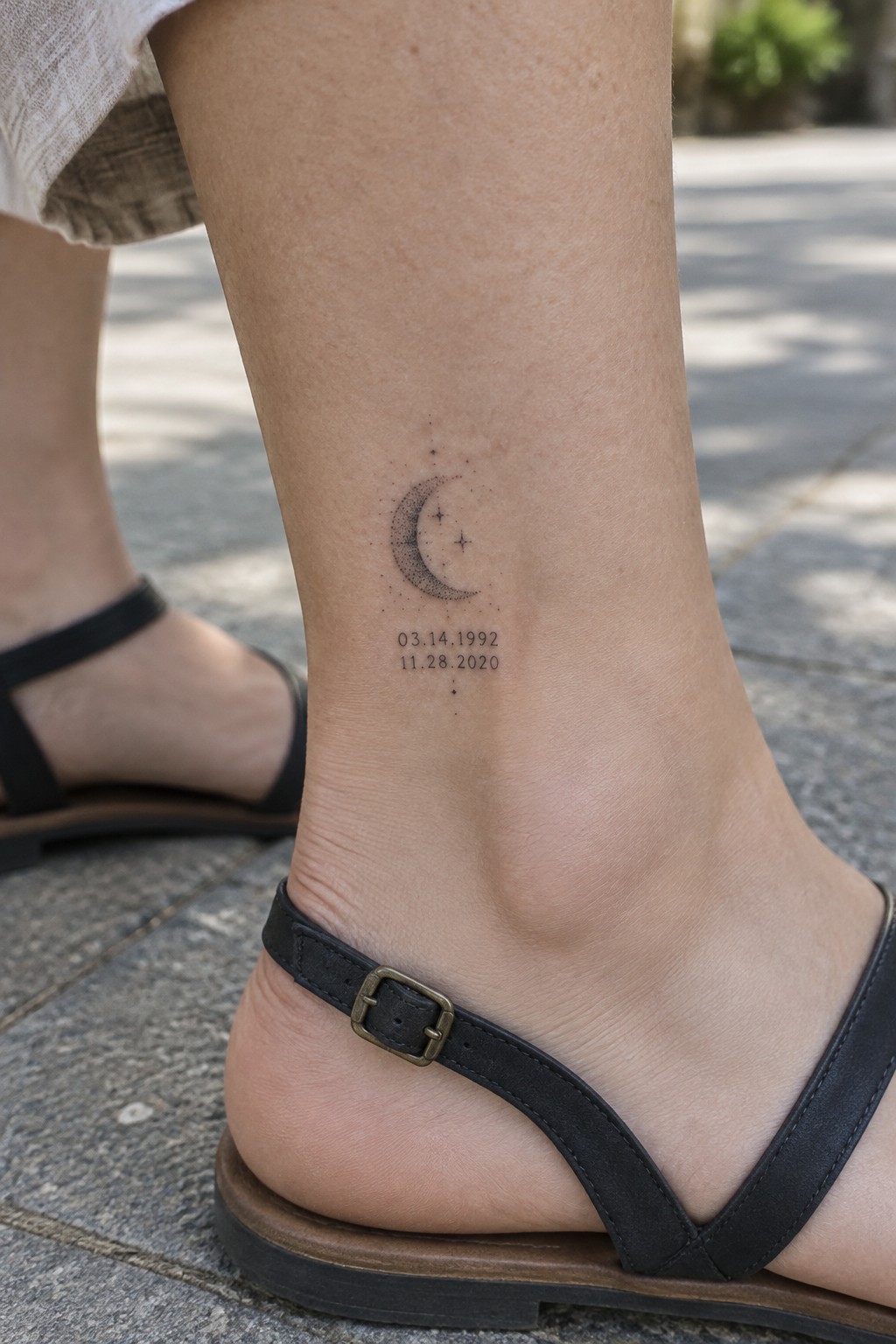 Small crescent moon and star memorial tattoo with the dates 03.14.1992 and 11.28.2020 above the ankle.