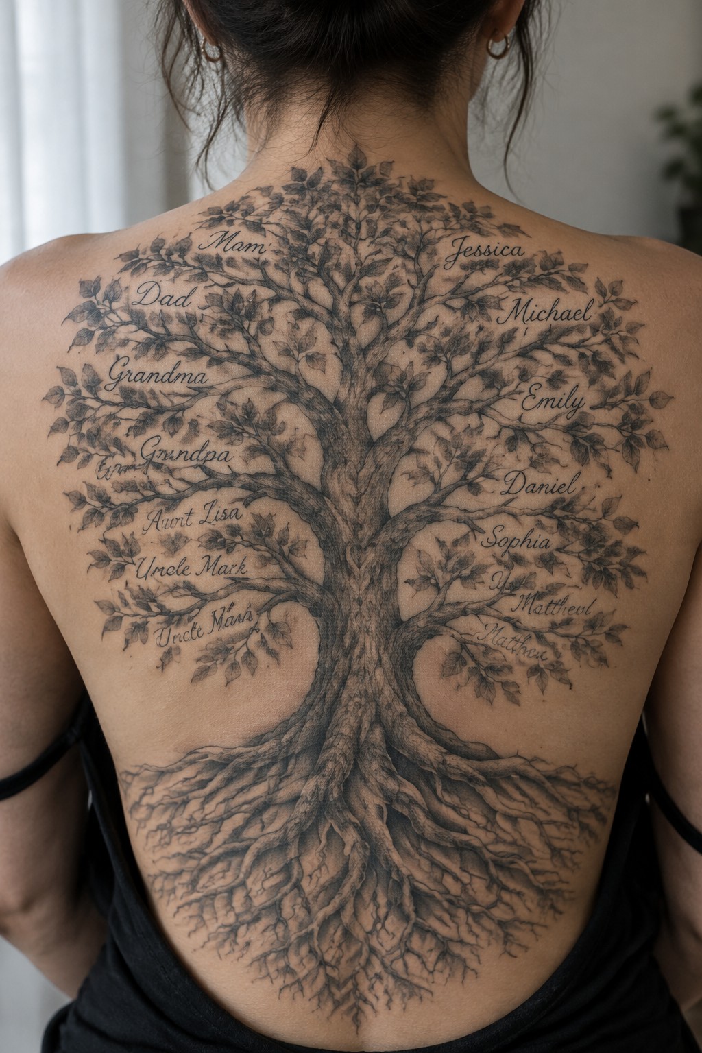 Large black and gray tree of life tattoo covering a woman’s back, with family names written among the branches and roots spreading across the lower back.