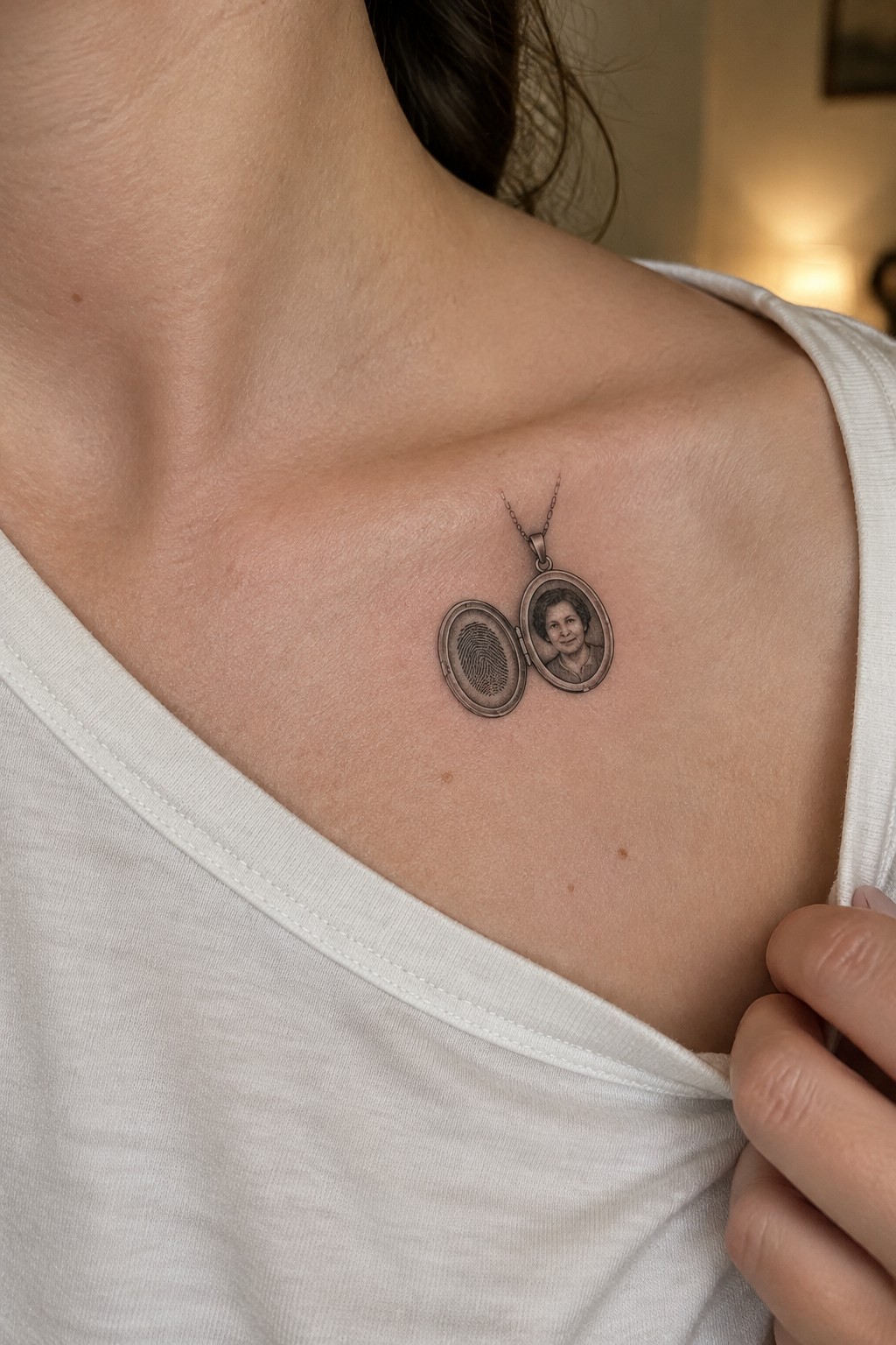 Open locket tattoo with a small portrait on a woman’s upper chest near the collarbone.