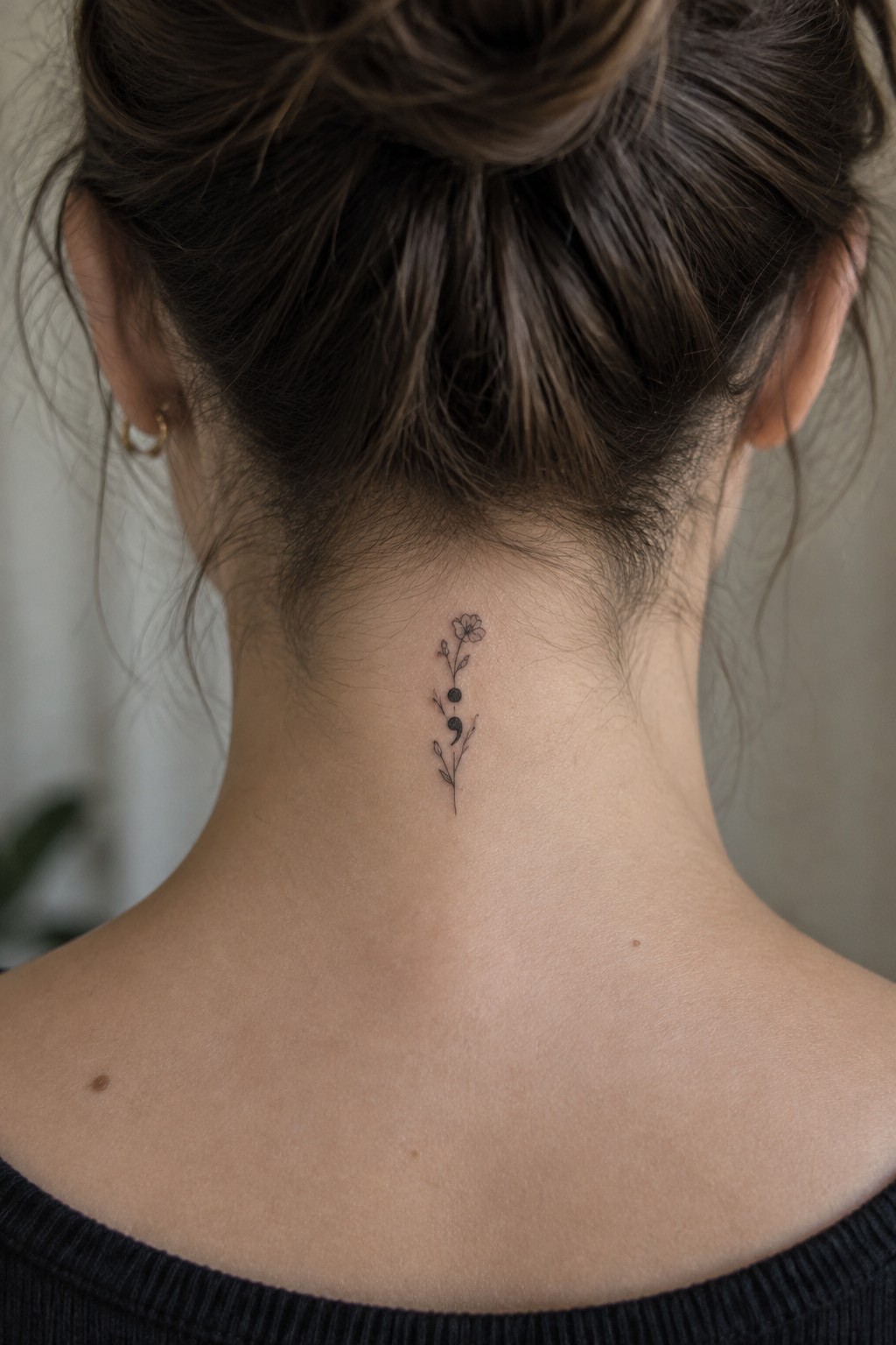 Small fine-line flower and stem tattoo centered at the nape of a woman’s neck.