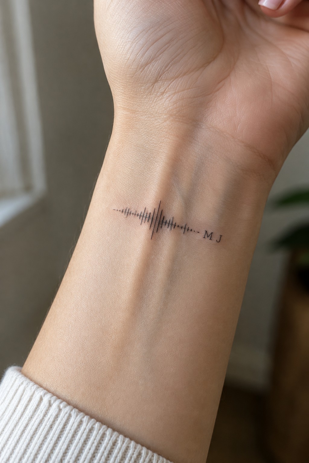 Small black sound wave tattoo with the initials M J on the inner wrist.