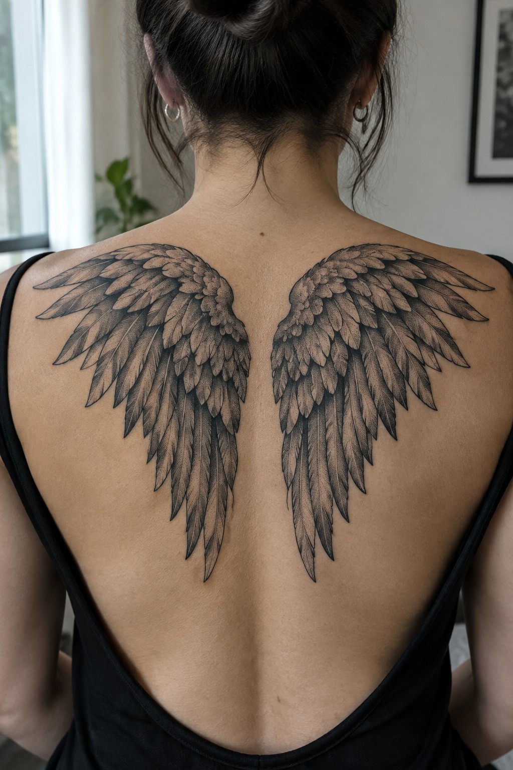 Large black-and-gray feathered angel wings tattoo across a woman’s upper back.