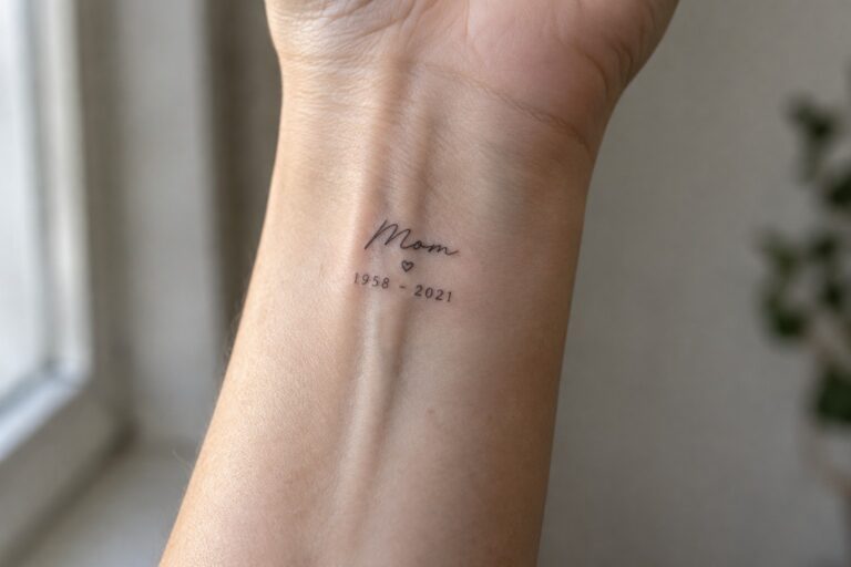 20 Meaningful Memorial Tattoo Ideas for Women to Honor Loved Ones Small black script tattoo reading “Grandma” with a heart and the dates 03.14.1952 and 11.28.2020 on the inner wrist.