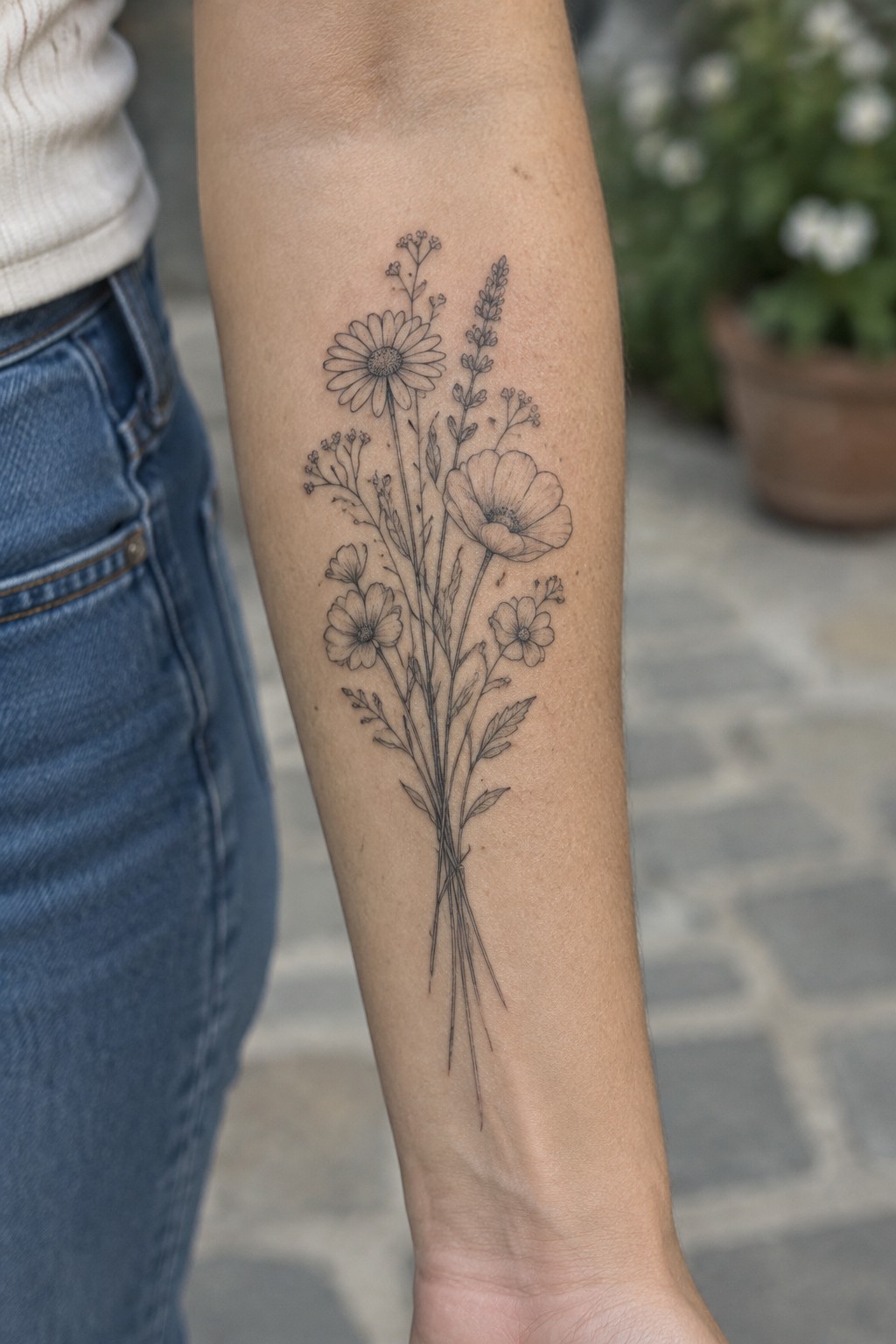 Black ink wildflower bouquet tattoo on forearm above blue jeans