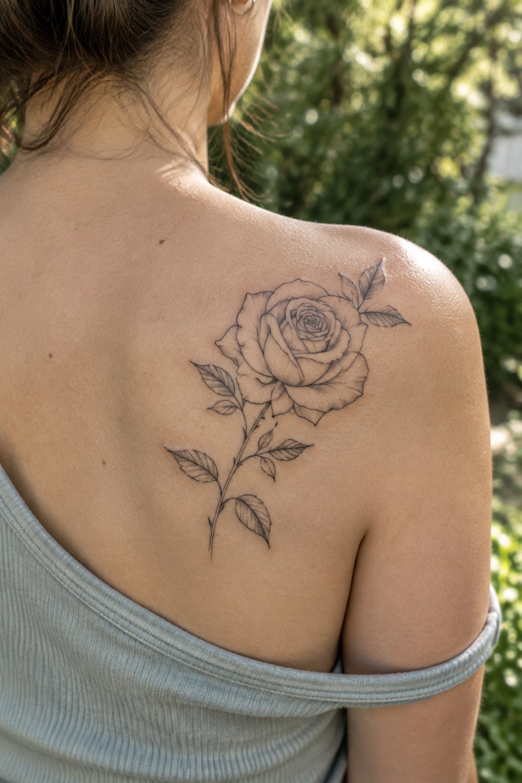 Woman's bare shoulder with large black rose tattoo above light blue tank top