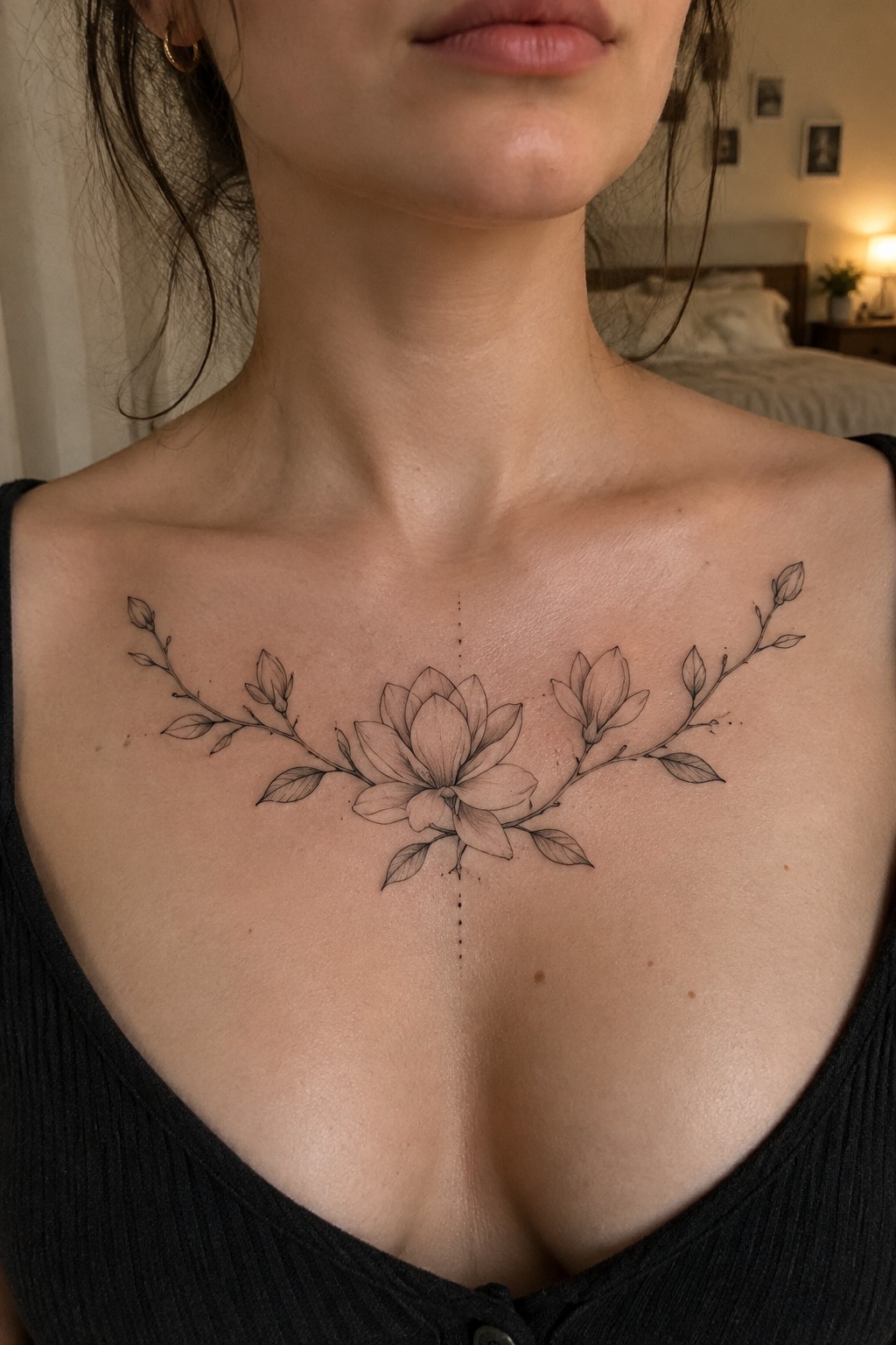 Minimalist black line tattoo of a central flower with symmetrical branches and buds across a woman's upper chest, featuring a vertical dotted line through the center.