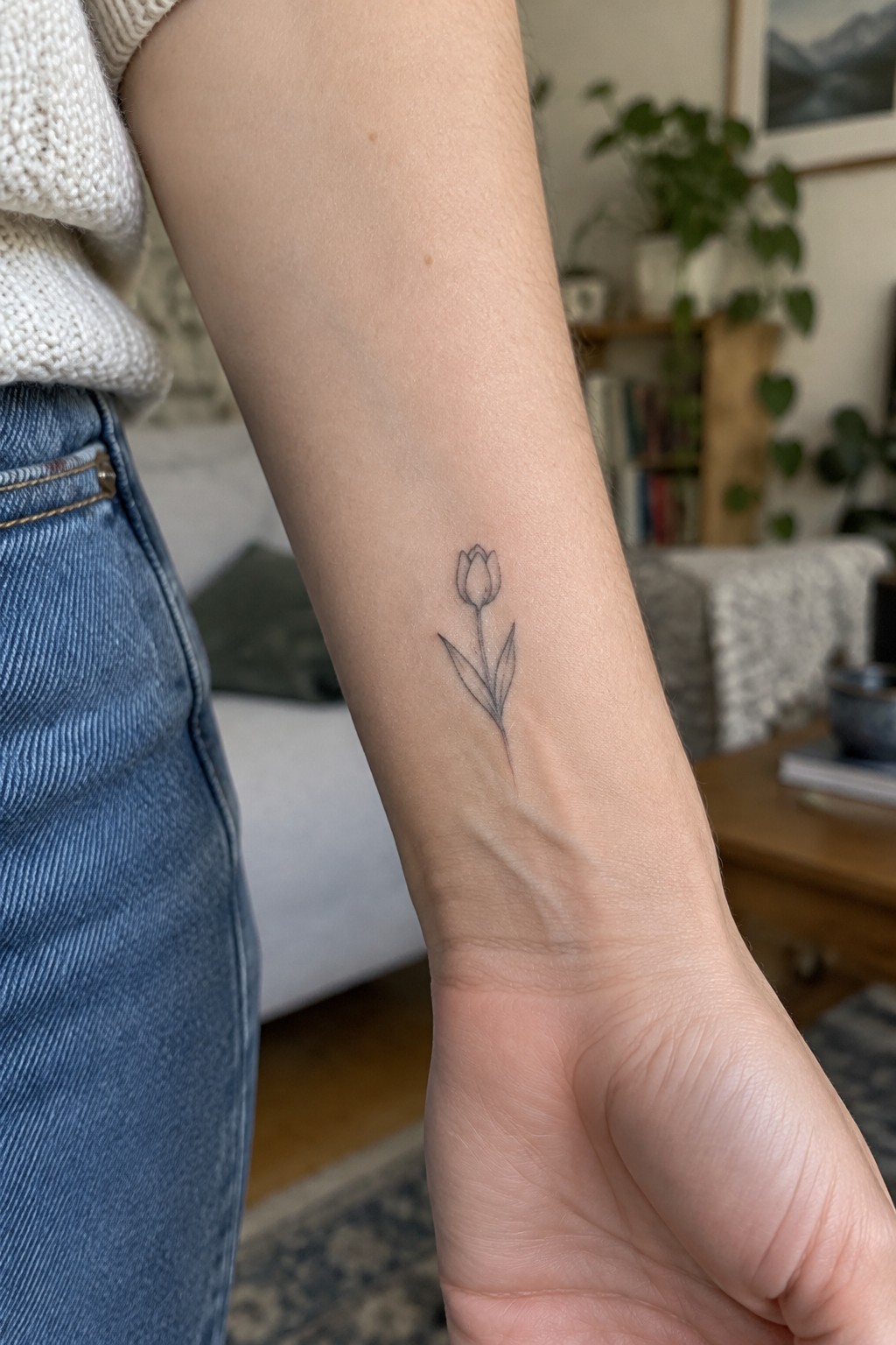 Forearm with delicate tulip tattoo, white knit sweater, and blue jeans.