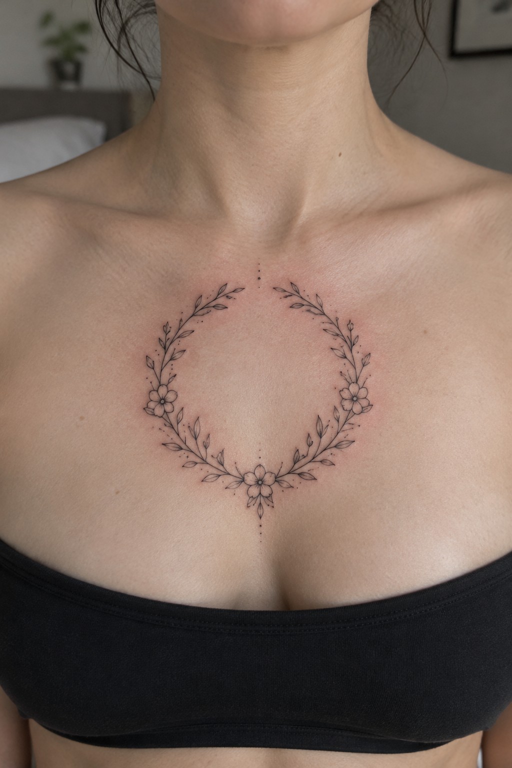 Minimalist black line tattoo of a circular floral wreath with leaves and three flowers across a woman's upper chest, with small dots above and below the design.