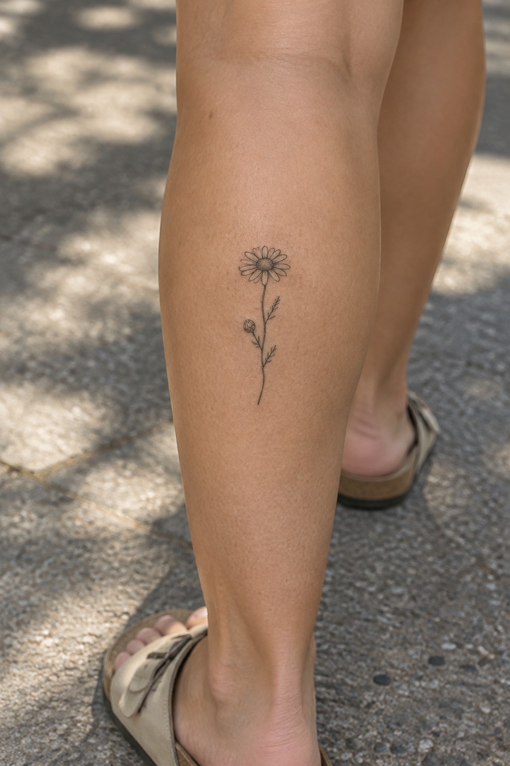 Minimalist daisy tattoo with stem and bud on the shin in fine line style