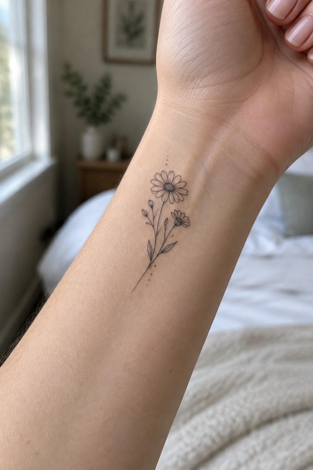 Fine line daisy stem tattoo on the inner forearm with two flowers, leaves, and dotted accents.