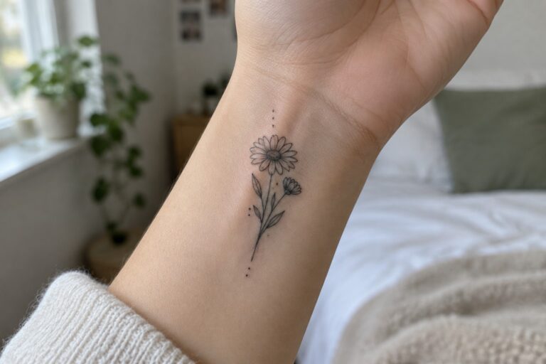 22 Minimalist Flower Tattoos for Women Featuring Botanical Outlines Fine line daisy stem tattoo on the inner forearm with two flowers, leaves, and dotted accents.