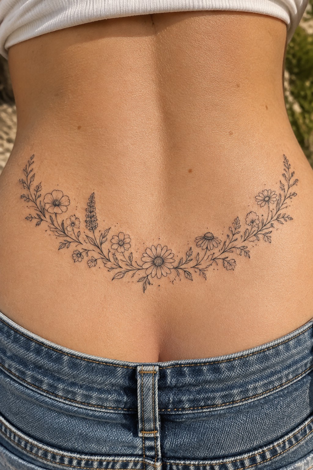 Black floral tattoo with daisies curving across lower back above blue jeans