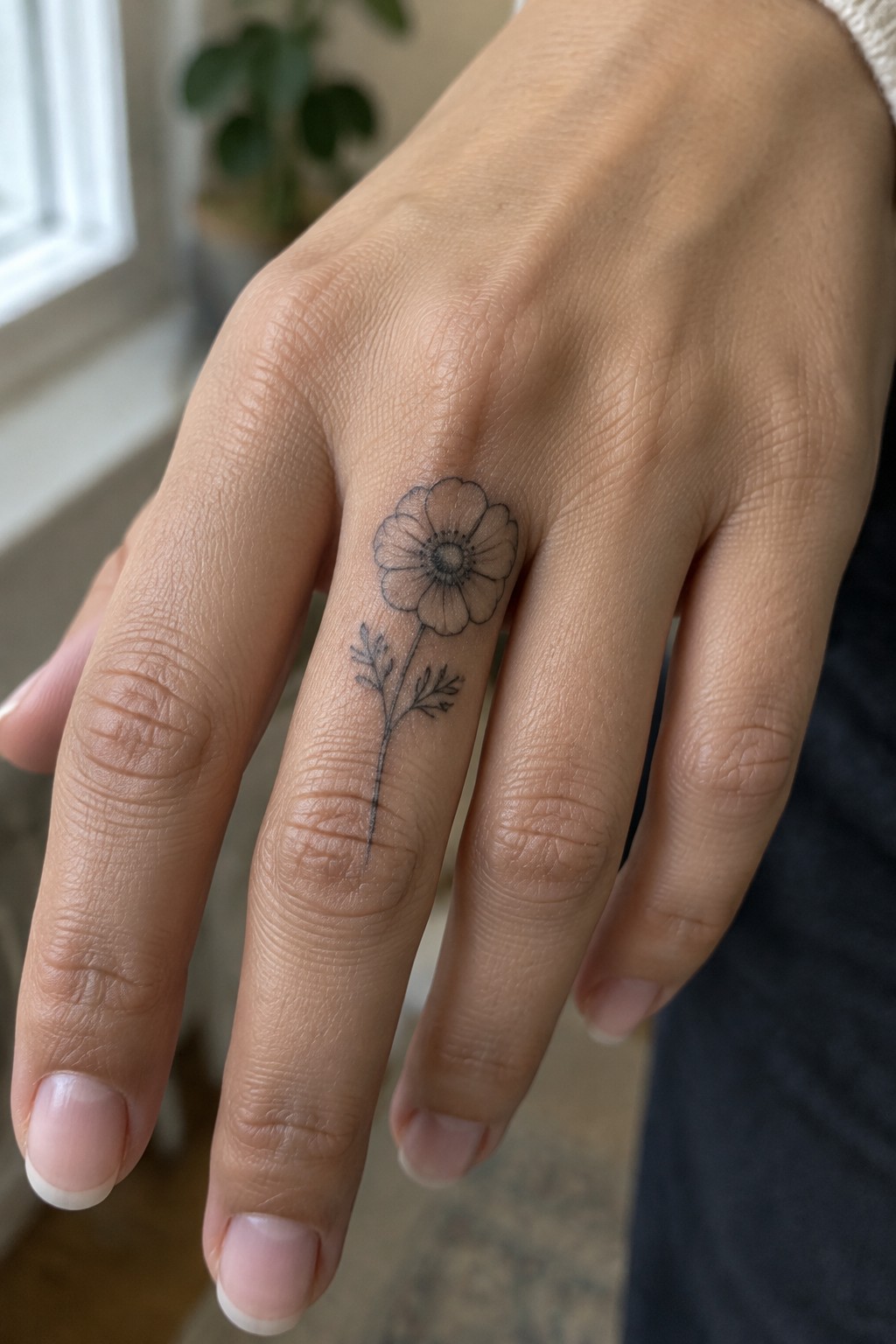 Hand with black line flower tattoo on ring finger and white knit sleeve cuff