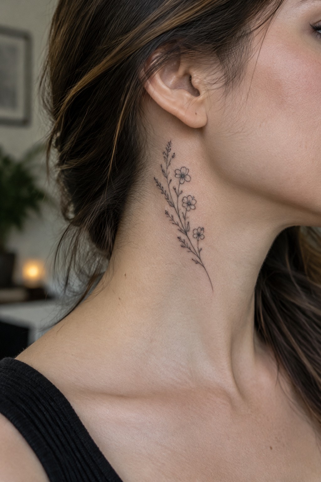 Minimalist fine line tattoo of a small flower stem on the side of a woman's neck