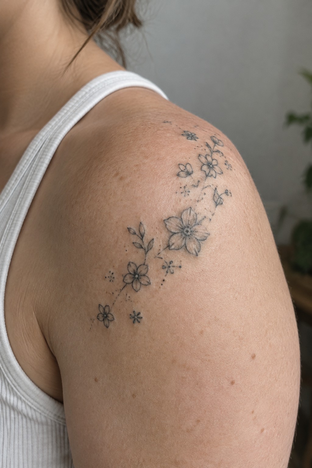 Shoulder's black floral tattoo with white tank top strap visible nearby