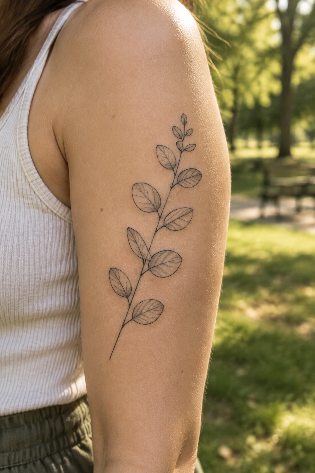 Black line-art leaf branch tattoo on upper arm with white tank top in park.