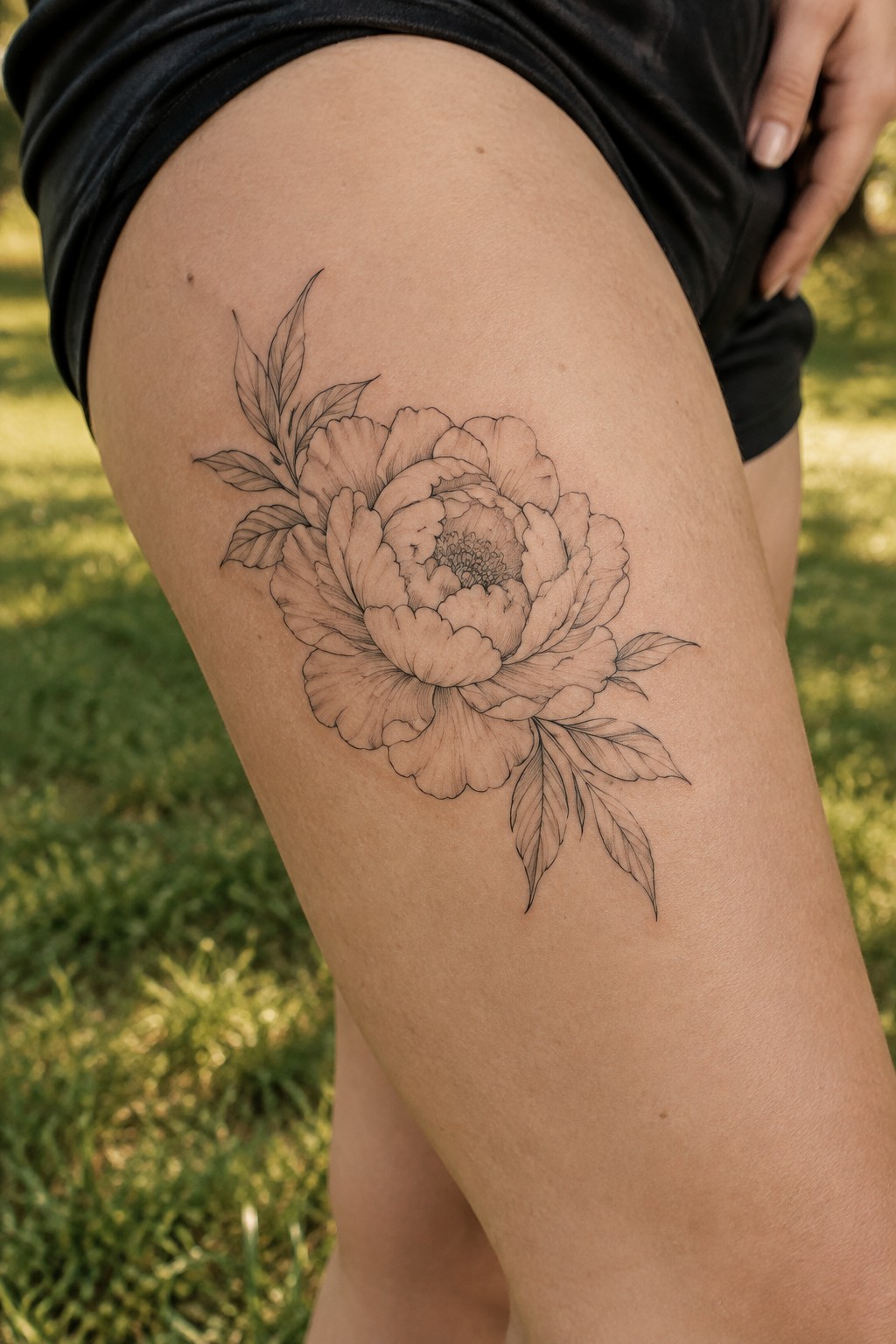Black line-art peony tattoo with leaves on thigh, black shorts, green grass background.