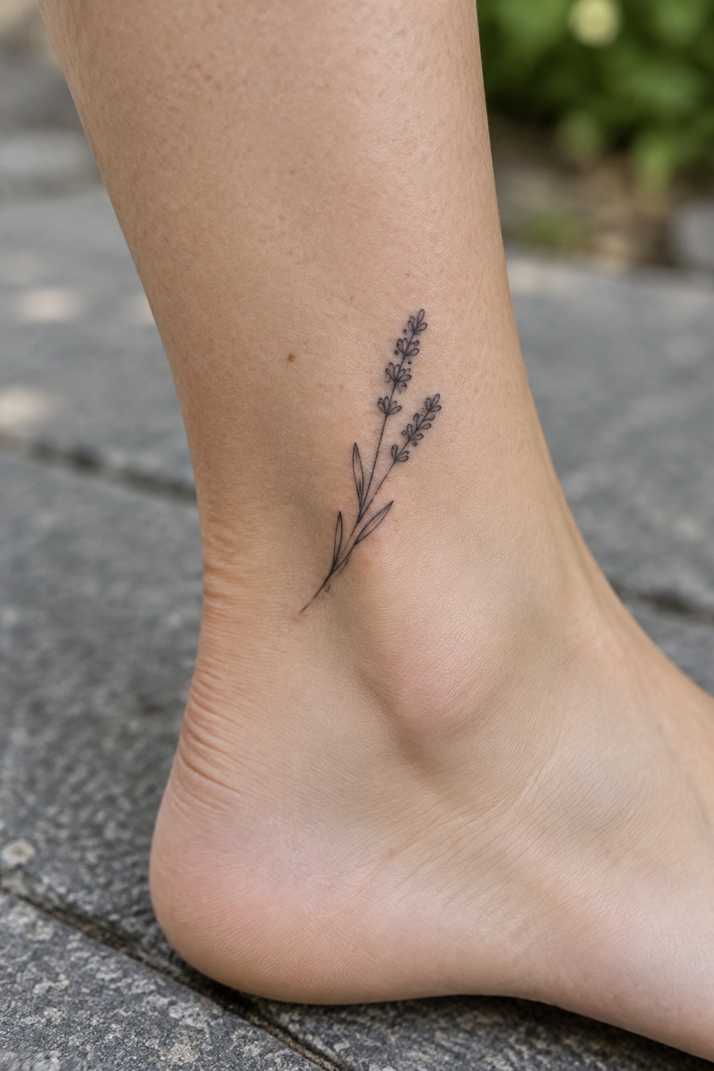 Fine line black plant tattoo with leaves and buds on light ankle skin.