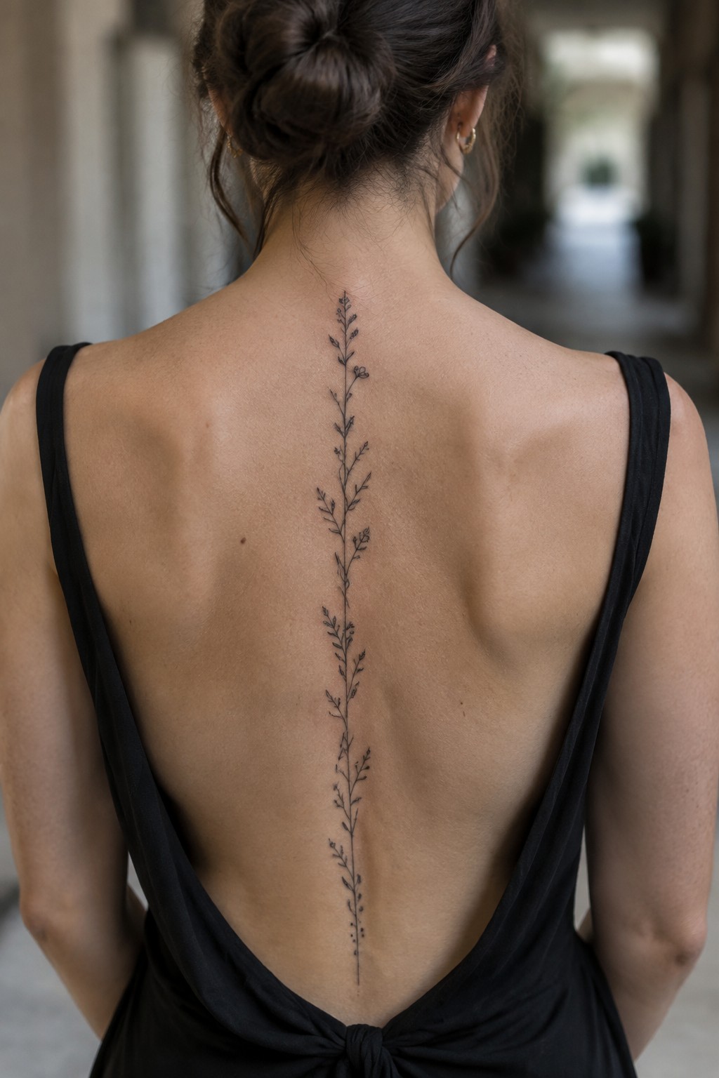Woman's back with long floral spine tattoo in black backless top