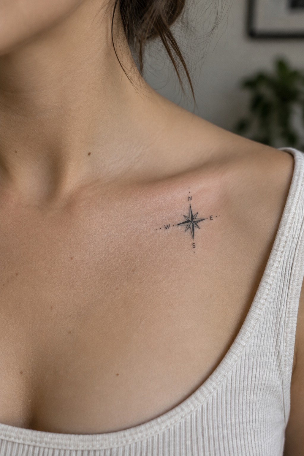 Black compass rose tattoo on shoulder above white ribbed tank top