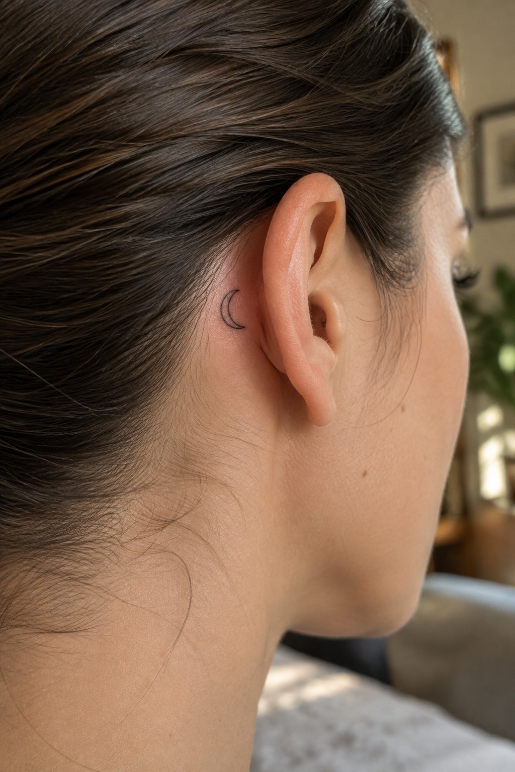 Woman's ear with small crescent moon tattoo behind it, brown hair pulled back.