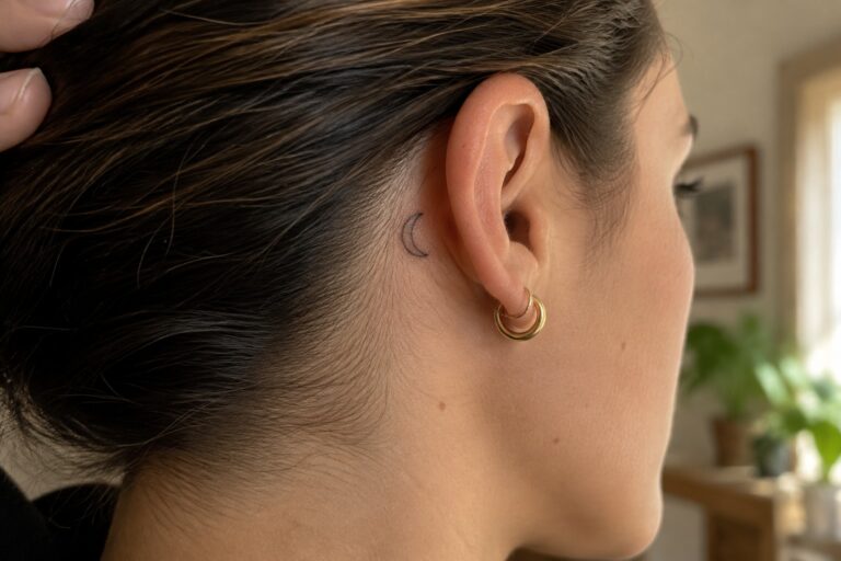 Woman's ear with small crescent moon tattoo behind it, brown hair pulled back.