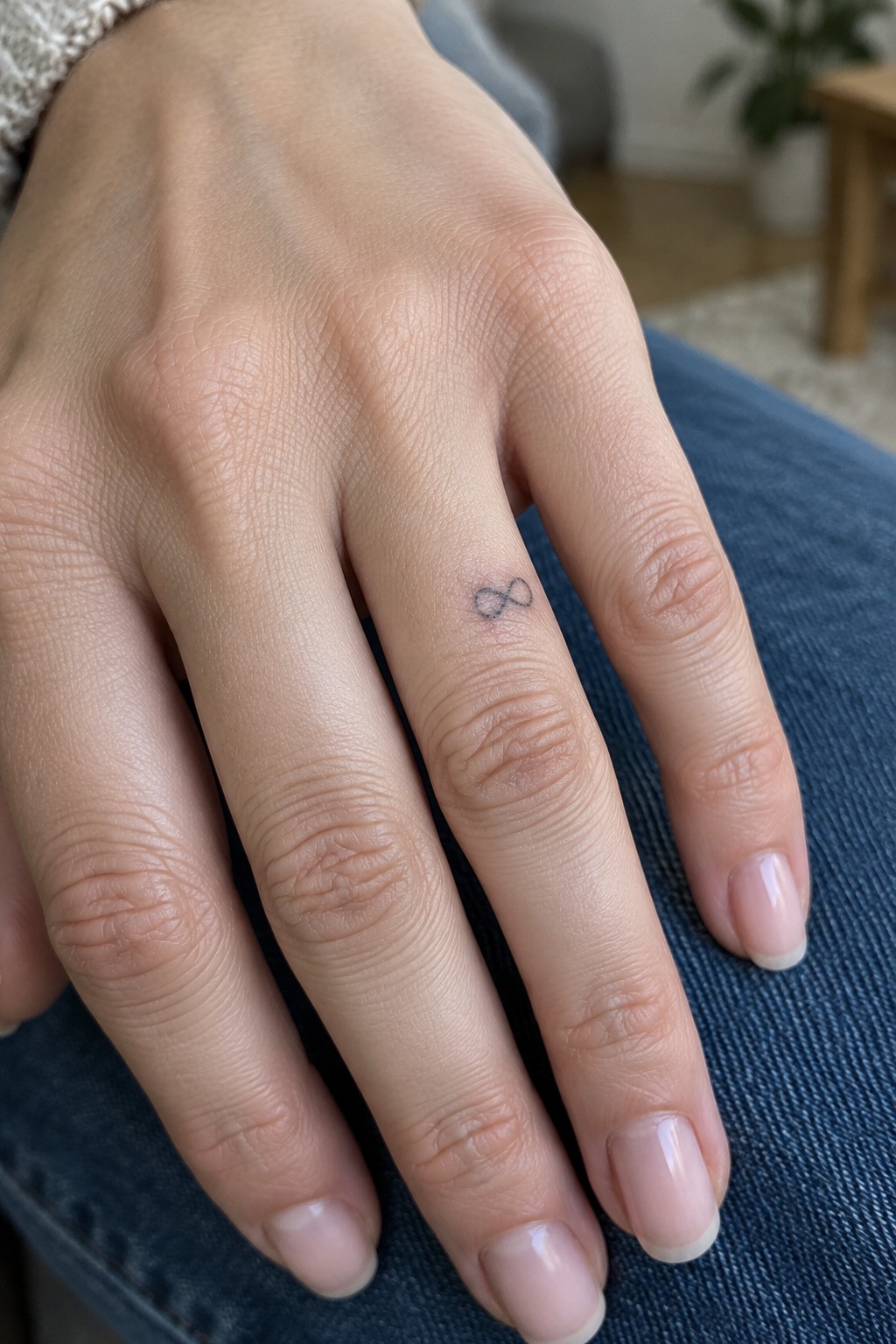Hand with small infinity tattoo on ring finger resting on blue denim jeans