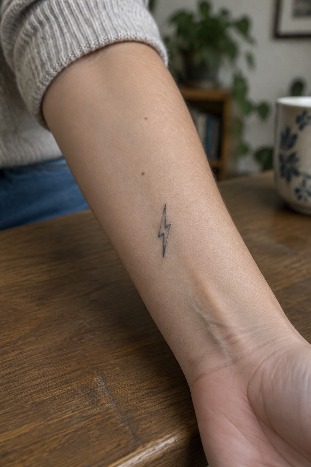 Light-skinned forearm with black lightning bolt tattoo on wooden table, gray sweater visible.