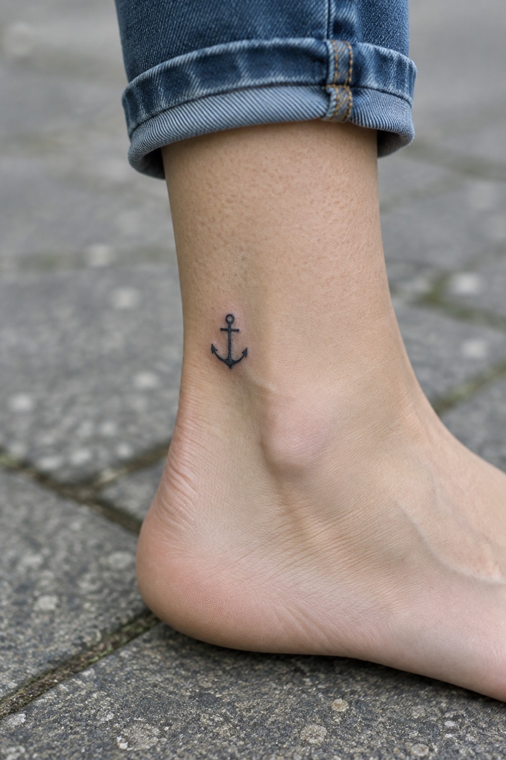 Small black anchor tattoo on ankle above bare foot with cuffed blue jeans